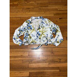 Joie Women's Linen Wrap Top Blouse Size XL White Floral Long Sleeve Shirt